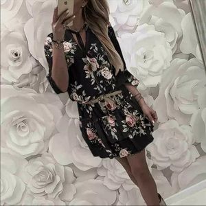 Black Ruffle Floral Long Sleeves Dress